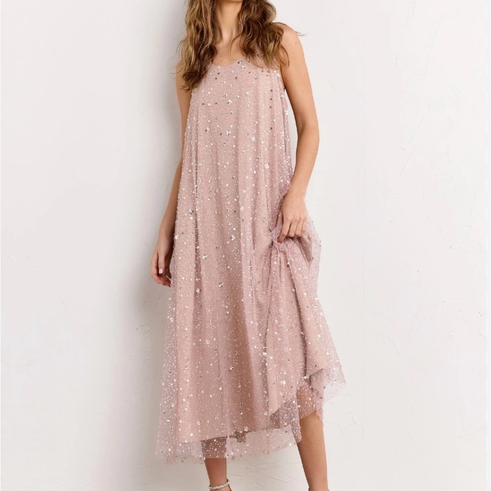 NY&C Just Me Sleeveless Embellished Mesh Tank Midi Pink Dress, Size Medium, NWT